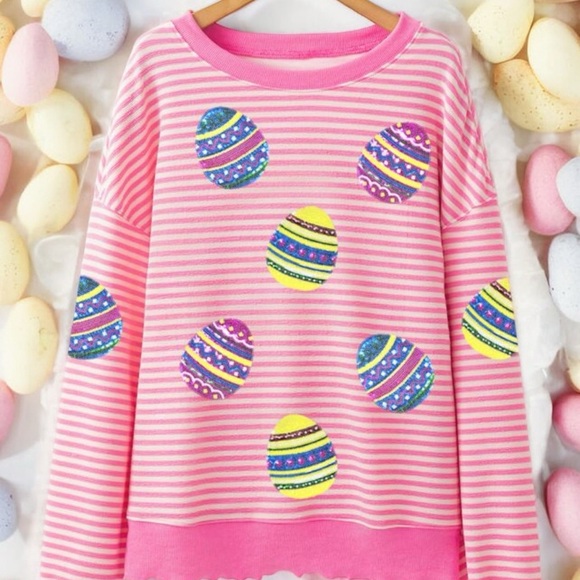 Cutest sequin egg oversized striped top S M L XL - Picture 4 of 9